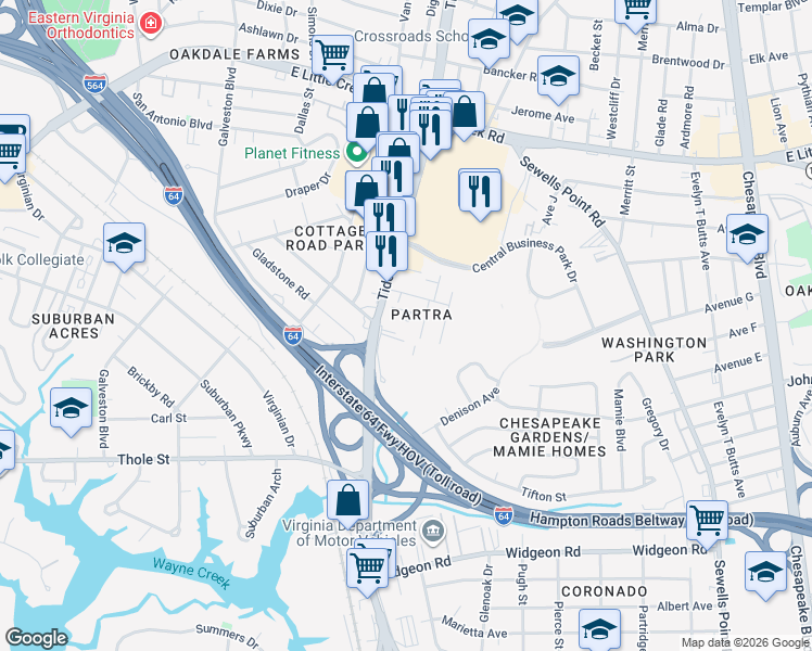 map of restaurants, bars, coffee shops, grocery stores, and more near 7433 Fenner Street in Norfolk