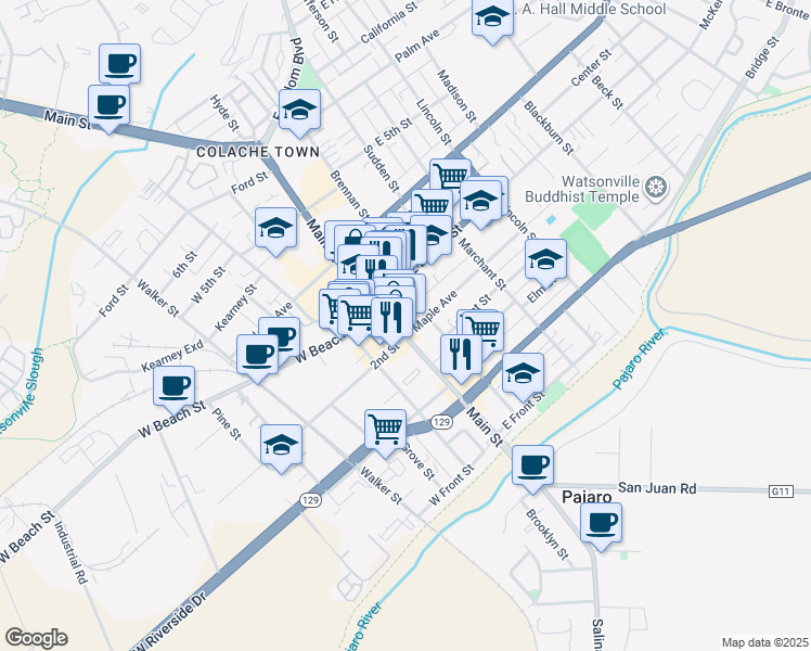 map of restaurants, bars, coffee shops, grocery stores, and more near 314 Main Street in Watsonville