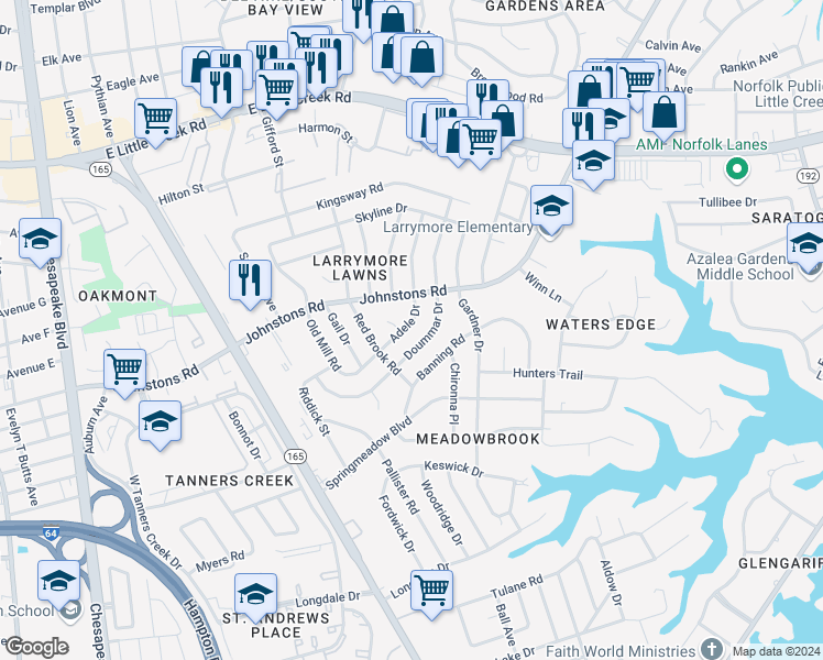 map of restaurants, bars, coffee shops, grocery stores, and more near 7032 Adele Drive in Norfolk