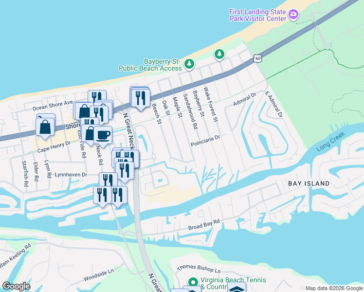 map of restaurants, bars, coffee shops, grocery stores, and more near 2205 Oak Street in Virginia Beach