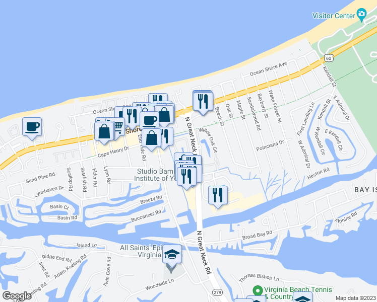 map of restaurants, bars, coffee shops, grocery stores, and more near 2252 Cape Arbor Drive in Virginia Beach
