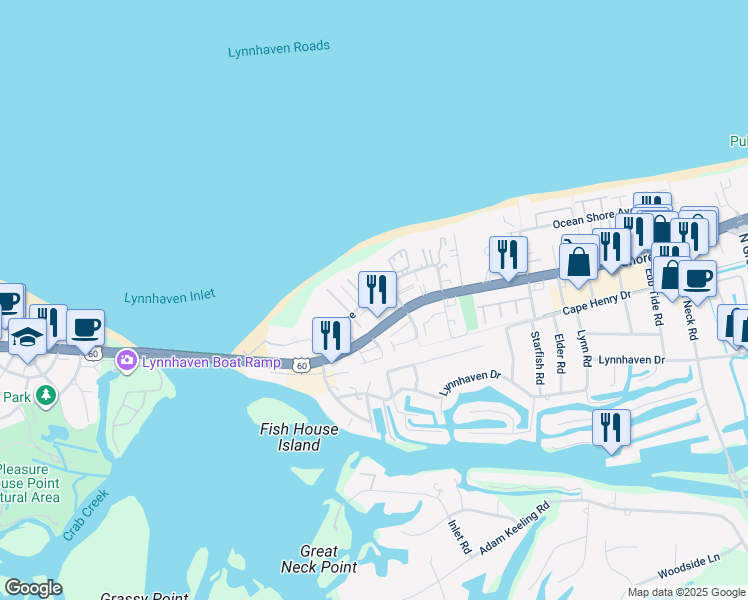 map of restaurants, bars, coffee shops, grocery stores, and more near 2316 La Jolla Court in Virginia Beach