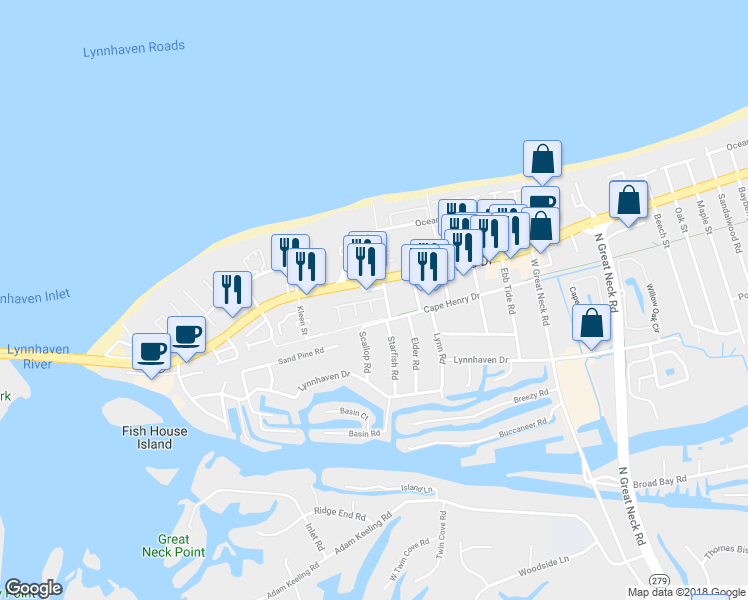 map of restaurants, bars, coffee shops, grocery stores, and more near 3043 Cape Henry Court in Virginia Beach