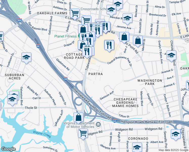 map of restaurants, bars, coffee shops, grocery stores, and more near 7443 Fenner Street in Norfolk