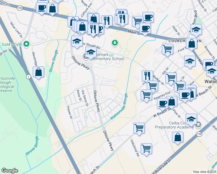 map of restaurants, bars, coffee shops, grocery stores, and more near 535 Ohlone Parkway in Watsonville