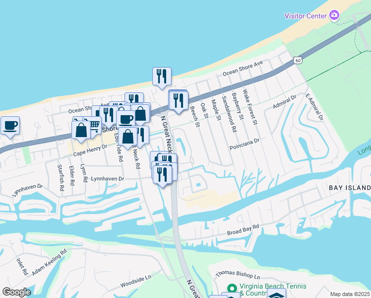 map of restaurants, bars, coffee shops, grocery stores, and more near 2205 Willow Oak Circle in Virginia Beach