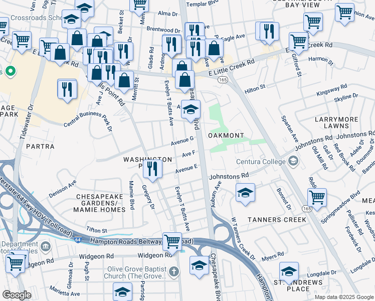 map of restaurants, bars, coffee shops, grocery stores, and more near 1017 Avenue F in Norfolk
