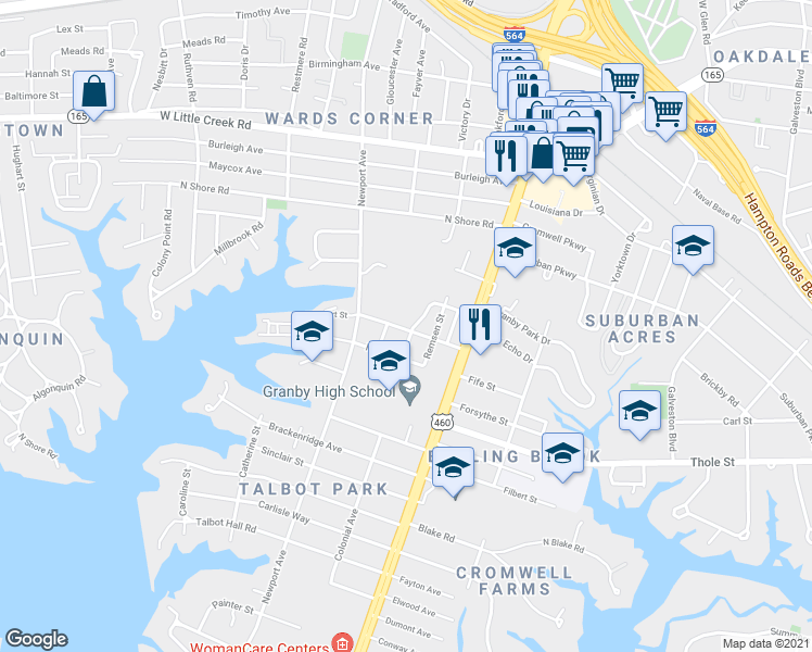map of restaurants, bars, coffee shops, grocery stores, and more near 212 Harvard Street in Norfolk