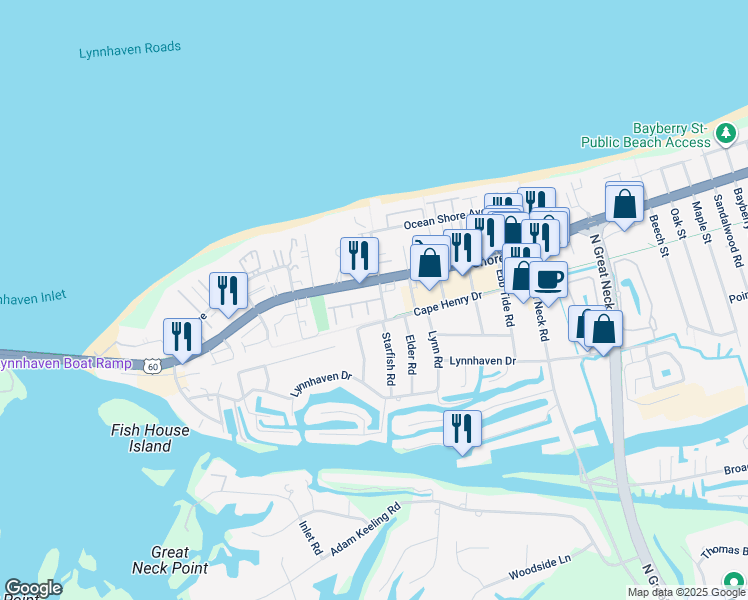 map of restaurants, bars, coffee shops, grocery stores, and more near 3029 Cape Henry Court in Virginia Beach