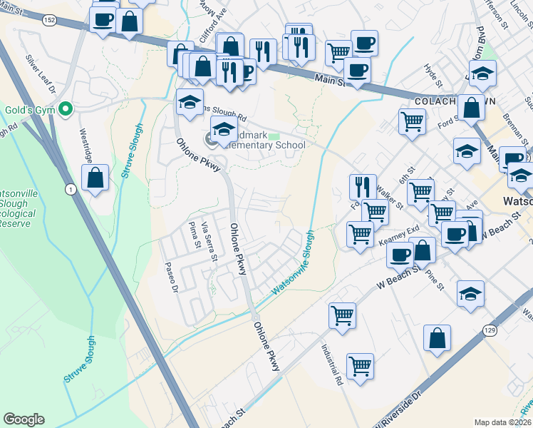map of restaurants, bars, coffee shops, grocery stores, and more near 535 Ohlone Parkway in Watsonville