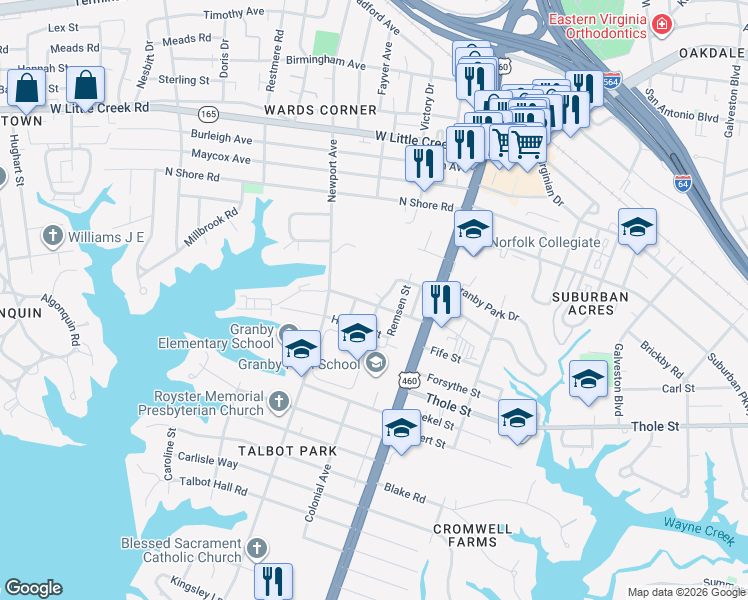map of restaurants, bars, coffee shops, grocery stores, and more near 212 Harvard Street in Norfolk