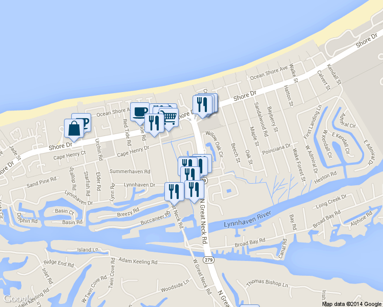 map of restaurants, bars, coffee shops, grocery stores, and more near 2260 Cape Arbor Dr in Virginia Beach