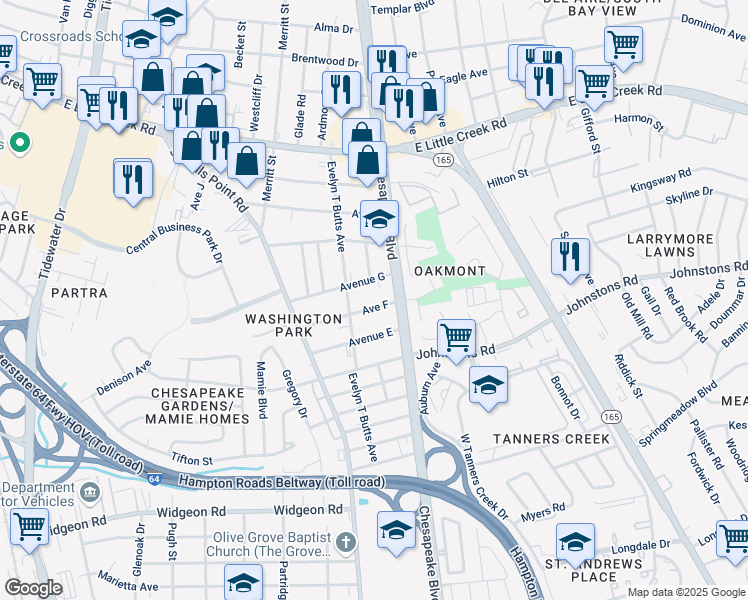 map of restaurants, bars, coffee shops, grocery stores, and more near 1017 Avenue F in Norfolk