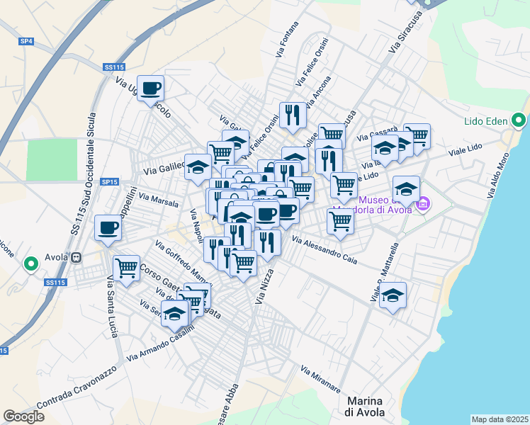 map of restaurants, bars, coffee shops, grocery stores, and more near 253 Corso Vittorio Emanuele in Avola