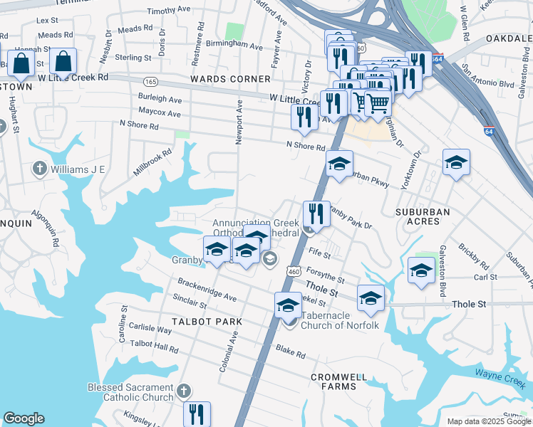 map of restaurants, bars, coffee shops, grocery stores, and more near 118 Warren Street in Norfolk