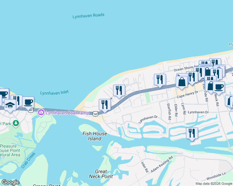 map of restaurants, bars, coffee shops, grocery stores, and more near Page Avenue in Virginia Beach
