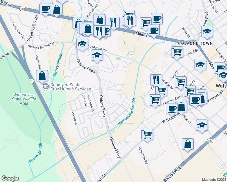 map of restaurants, bars, coffee shops, grocery stores, and more near 133 Skyline Vista Way in Watsonville