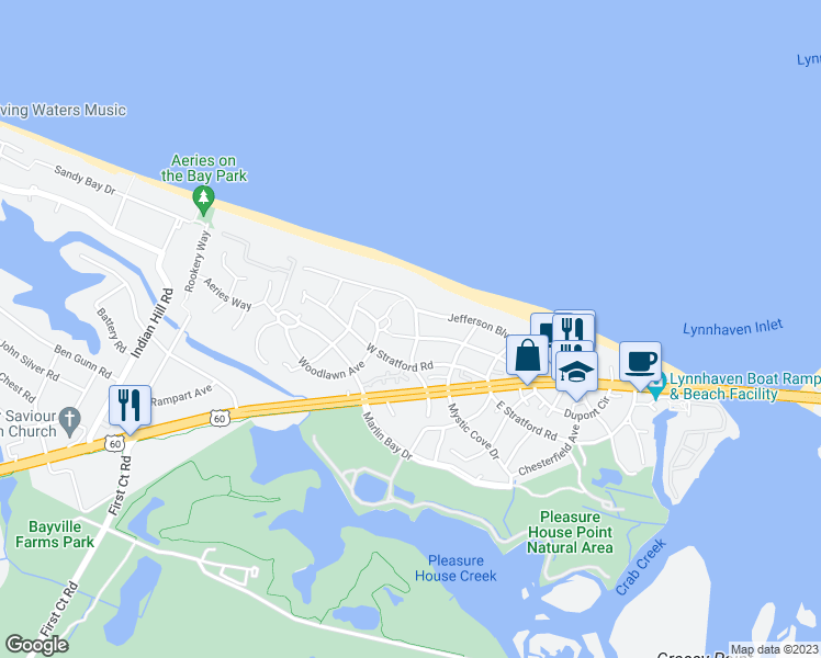 map of restaurants, bars, coffee shops, grocery stores, and more near 2241 Powhatan Avenue in Virginia Beach