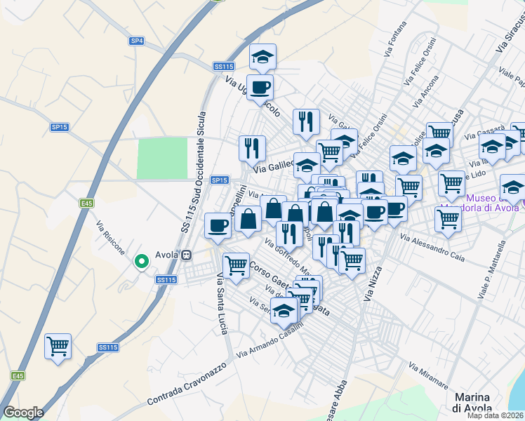 map of restaurants, bars, coffee shops, grocery stores, and more near 51 Via Lombroso in Avola