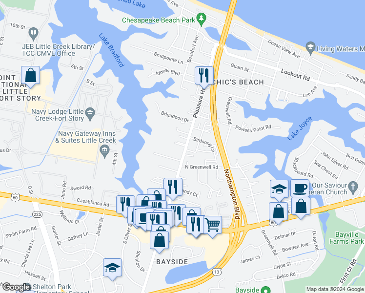 map of restaurants, bars, coffee shops, grocery stores, and more near in Virginia Beach