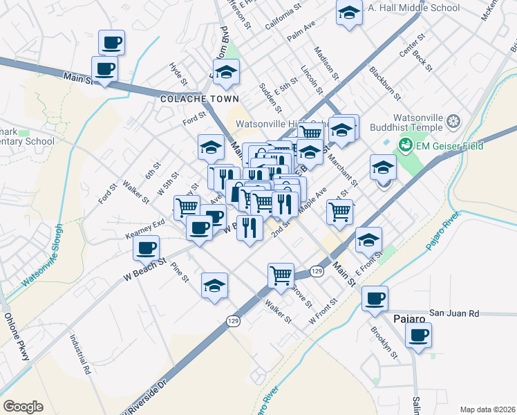 map of restaurants, bars, coffee shops, grocery stores, and more near 347 Rodriguez Street in Watsonville