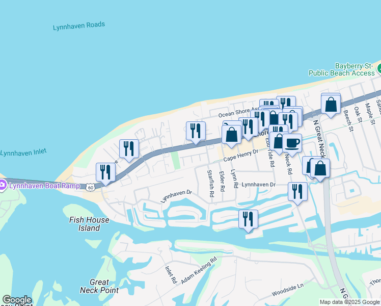 map of restaurants, bars, coffee shops, grocery stores, and more near 3087 Cape Henry Court in Virginia Beach