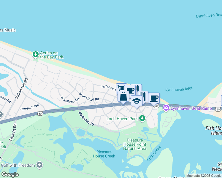 map of restaurants, bars, coffee shops, grocery stores, and more near 3745 Jefferson Boulevard in Virginia Beach