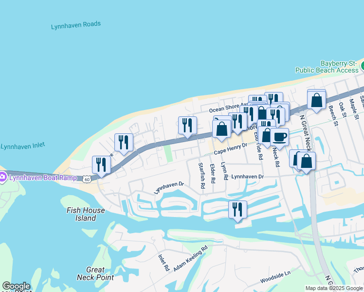 map of restaurants, bars, coffee shops, grocery stores, and more near 3031 Cape Henry Court in Virginia Beach