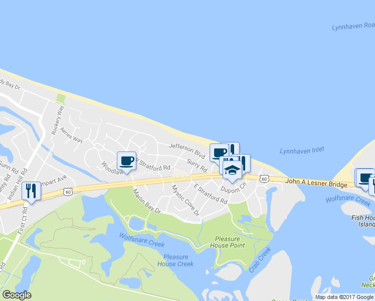 map of restaurants, bars, coffee shops, grocery stores, and more near 3745 Jefferson Boulevard in Virginia Beach