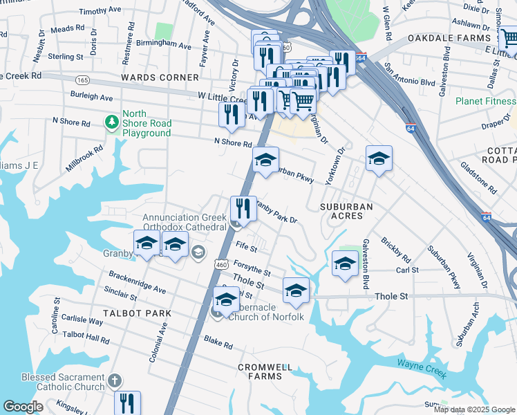 map of restaurants, bars, coffee shops, grocery stores, and more near 128 Glen Echo Drive in Norfolk