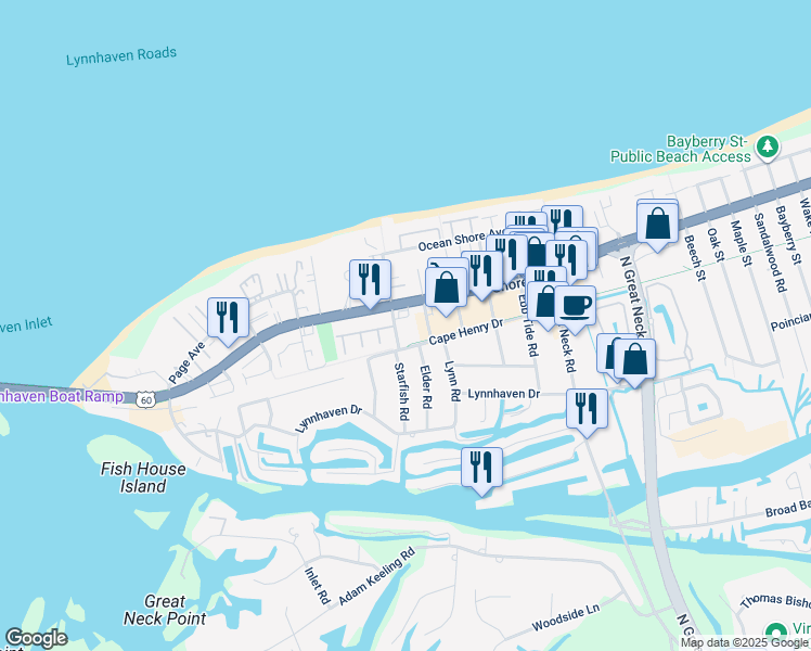 map of restaurants, bars, coffee shops, grocery stores, and more near 2256 Starfish Road in Virginia Beach