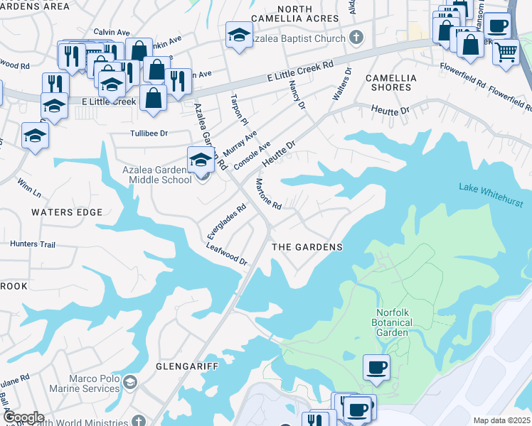 map of restaurants, bars, coffee shops, grocery stores, and more near 7616 Azalea Garden Road in Norfolk