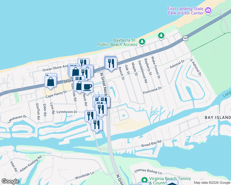 map of restaurants, bars, coffee shops, grocery stores, and more near 2205 Willow Oak Circle in Virginia Beach