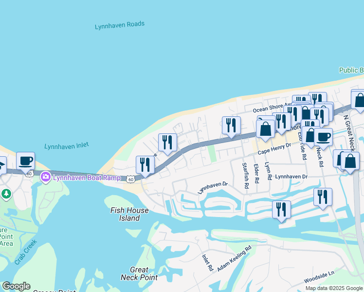 map of restaurants, bars, coffee shops, grocery stores, and more near 320 Inlet Shore Court in Virginia Beach