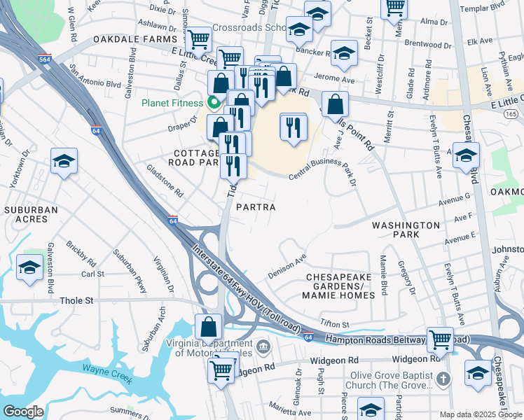 map of restaurants, bars, coffee shops, grocery stores, and more near 7431 Tyndale Court in Norfolk
