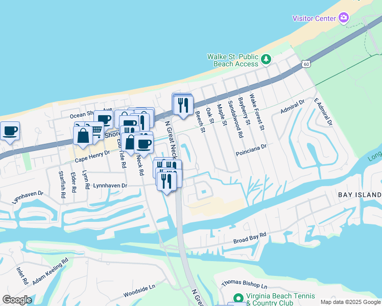map of restaurants, bars, coffee shops, grocery stores, and more near 2257 Willow Oak Circle in Virginia Beach