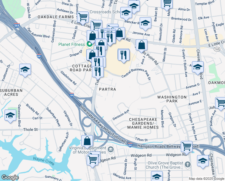 map of restaurants, bars, coffee shops, grocery stores, and more near 7445 Tyndale Court in Norfolk