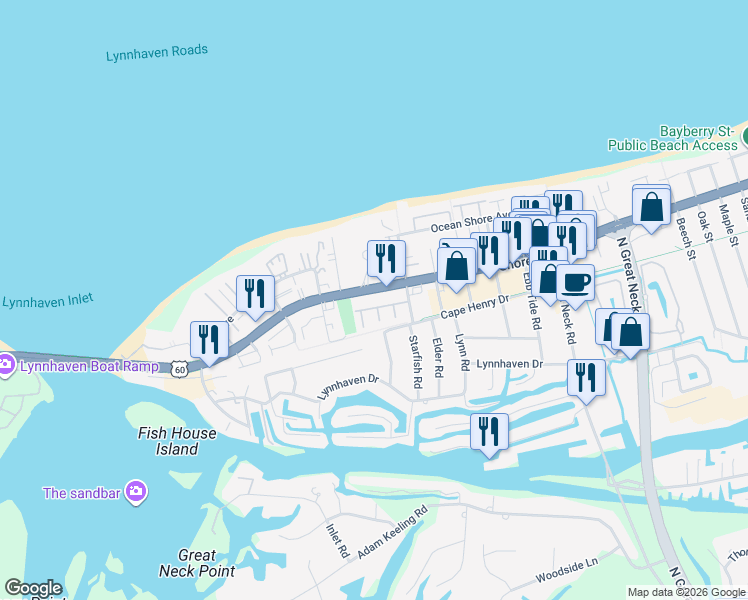 map of restaurants, bars, coffee shops, grocery stores, and more near 3087 Cape Henry Court in Virginia Beach