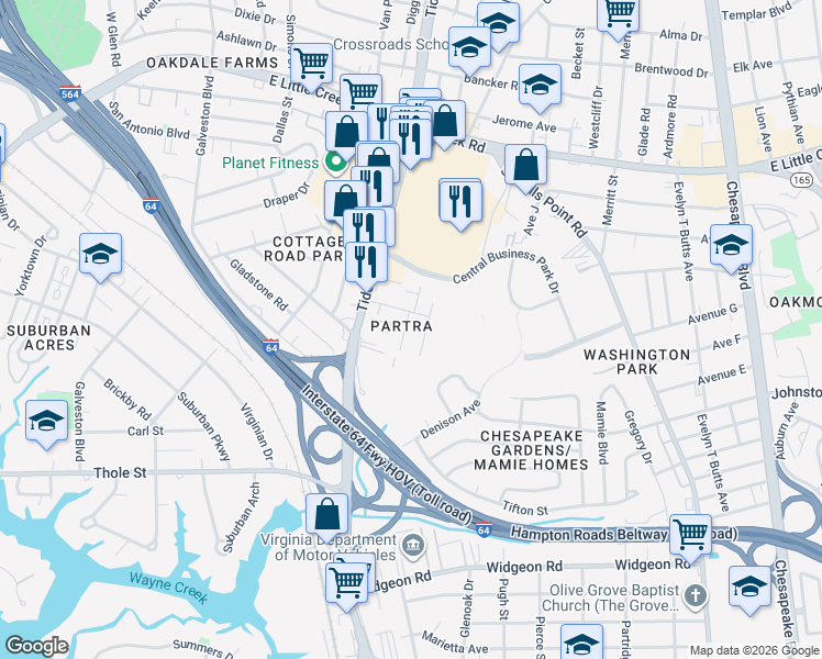 map of restaurants, bars, coffee shops, grocery stores, and more near 7431 Tyndale Court in Norfolk