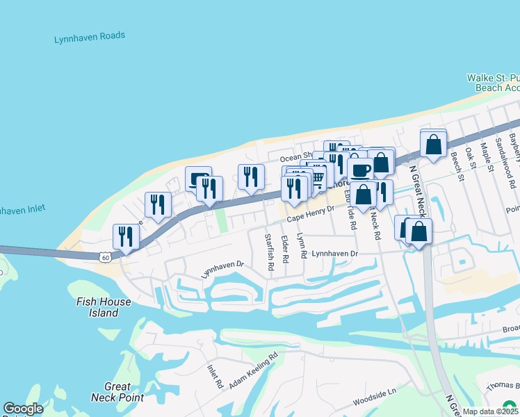 map of restaurants, bars, coffee shops, grocery stores, and more near 3022 Cape Henry Court in Virginia Beach