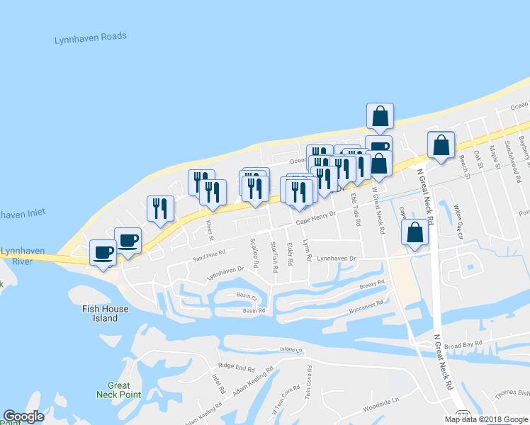 map of restaurants, bars, coffee shops, grocery stores, and more near 3020 Cape Henry Court in Virginia Beach