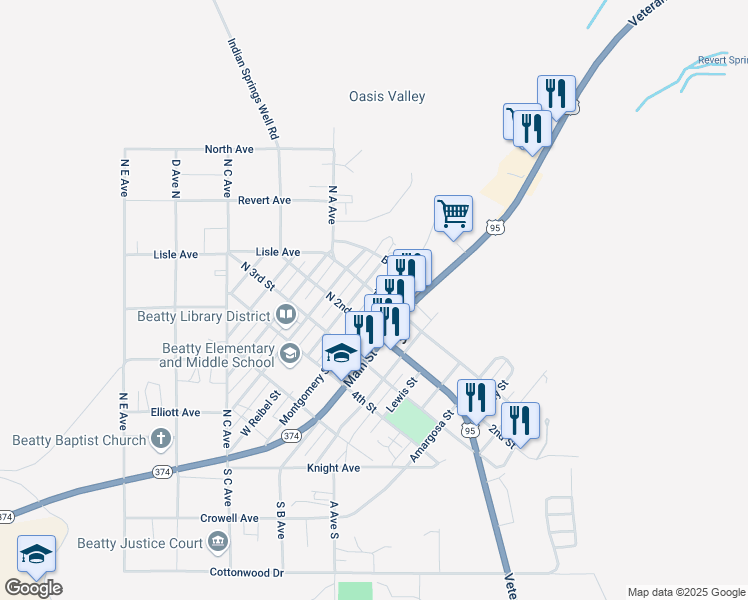 map of restaurants, bars, coffee shops, grocery stores, and more near 105 North 2nd Street Trailer Park in Beatty