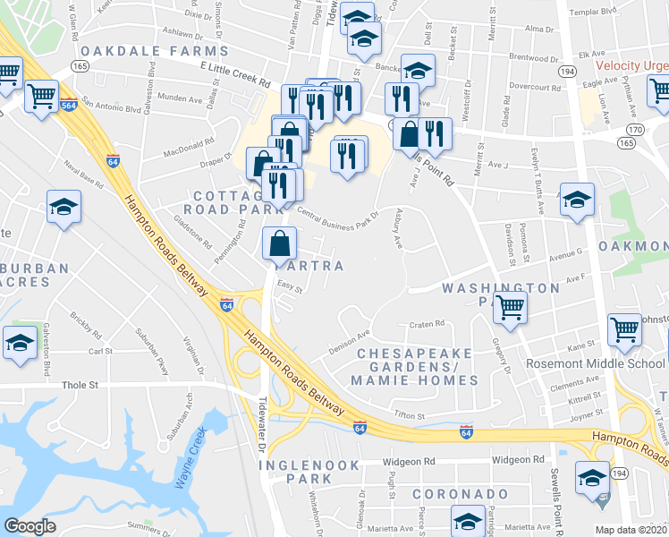 map of restaurants, bars, coffee shops, grocery stores, and more near 7450 Tyndale Court in Norfolk