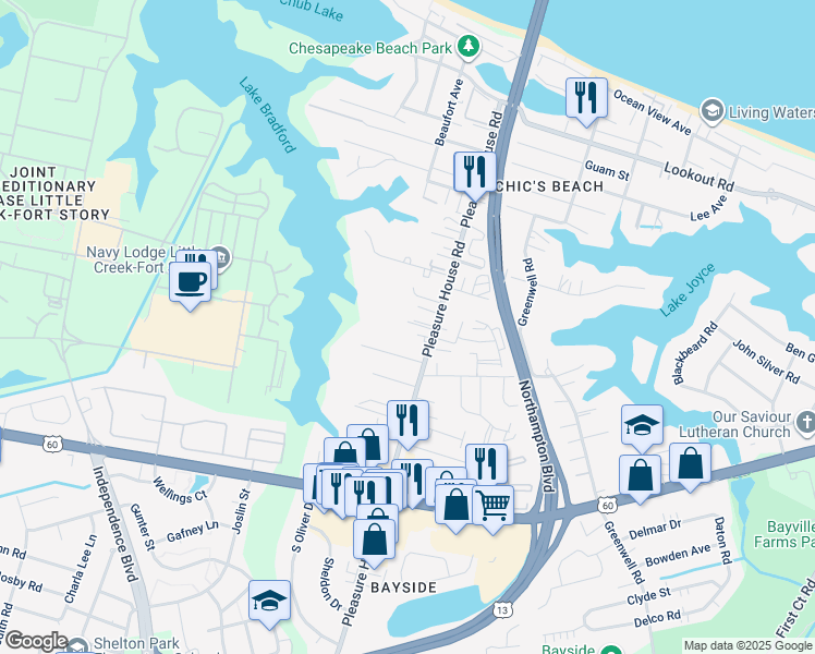 map of restaurants, bars, coffee shops, grocery stores, and more near 4835 Secure Court in Virginia Beach