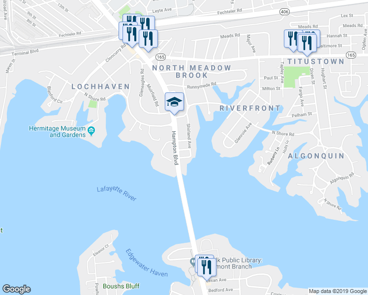 map of restaurants, bars, coffee shops, grocery stores, and more near 1610 Pasadena Court in Norfolk