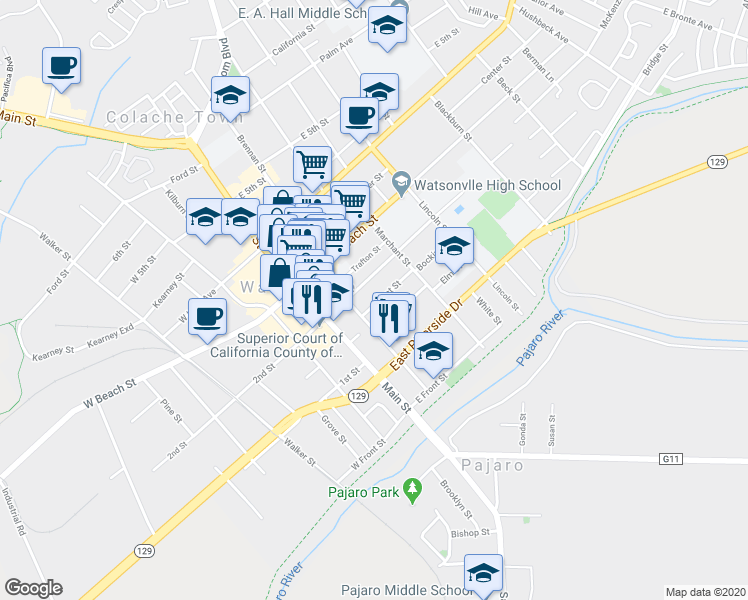 map of restaurants, bars, coffee shops, grocery stores, and more near 134 Maple Avenue in Watsonville