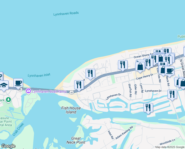 map of restaurants, bars, coffee shops, grocery stores, and more near 3167 Silver Sands Circle in Virginia Beach