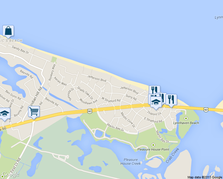 map of restaurants, bars, coffee shops, grocery stores, and more near 3803 Jefferson Boulevard in Virginia Beach