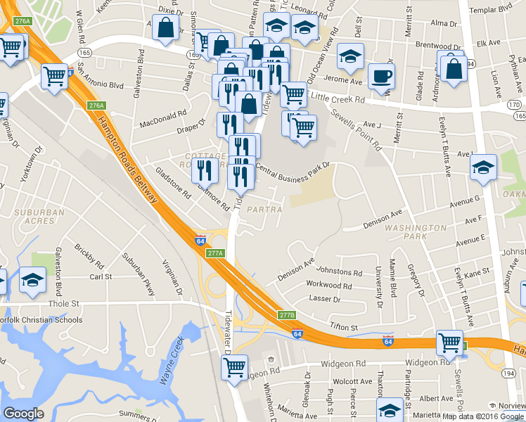 map of restaurants, bars, coffee shops, grocery stores, and more near 7461 Fenner Street in Norfolk