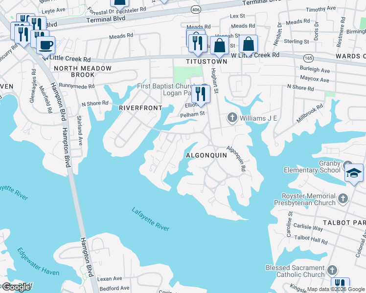 map of restaurants, bars, coffee shops, grocery stores, and more near 1201 North Shore Road in Norfolk